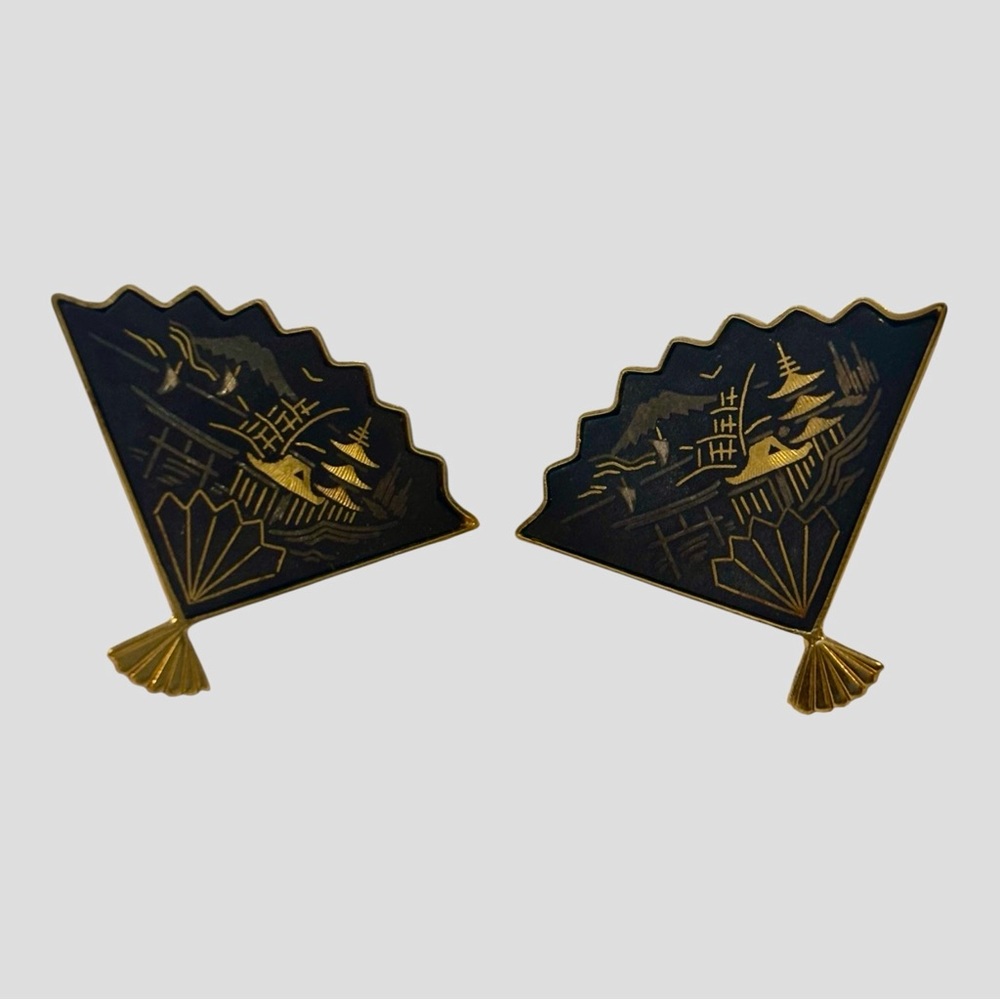 Vintage Japanese Amita Damascene Fan-Shaped screw back Earrings- Stunning!